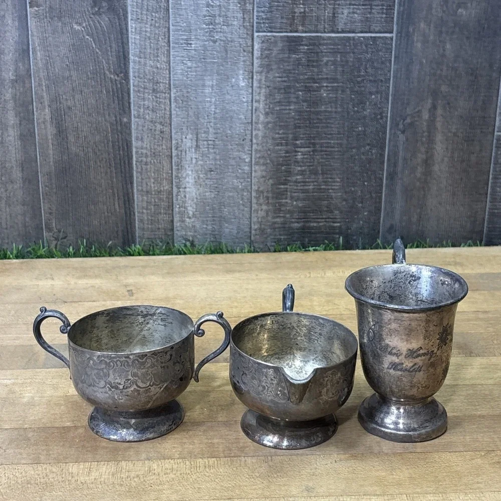 Vintage Silverplate Lot 3 Pc Empire Mfg 2731 Creamer Sugar Engraved Cup